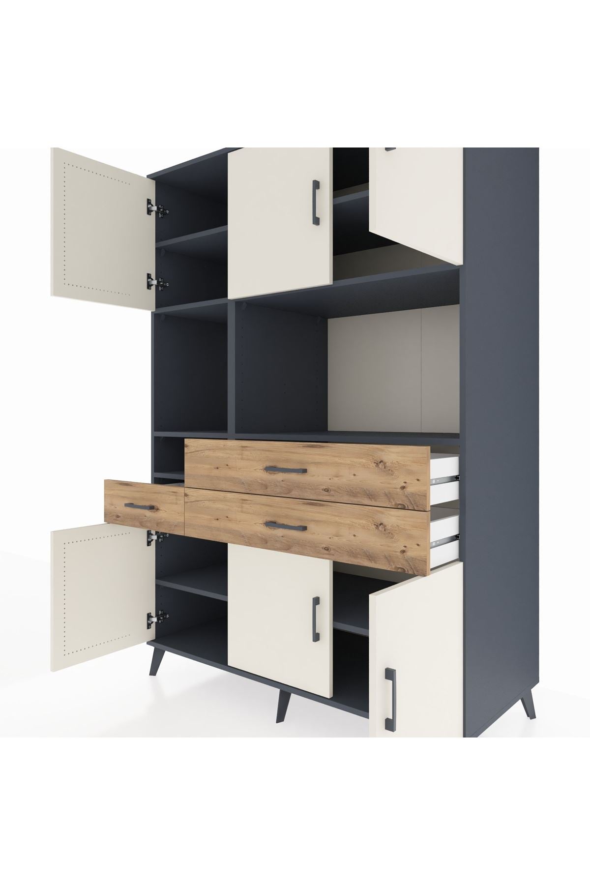 Kronos Dolap 9 Raflı 3 Çekmeceli 6 Kapaklı 132x59x195 Antrasit-Aytaşı/Çam