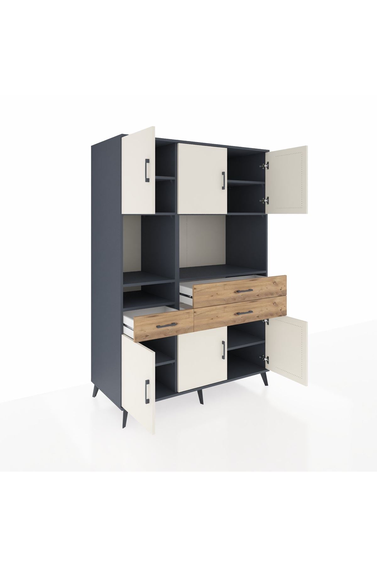 Kronos Dolap 9 Raflı 3 Çekmeceli 6 Kapaklı 132x59x195 Antrasit-Aytaşı/Çam