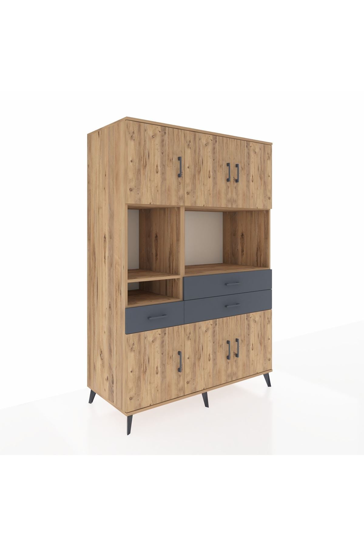 Kronos Dolap 9 Raflı 3 Çekmeceli 6 Kapaklı 132x59x195 Çam-Çam/Antrasit