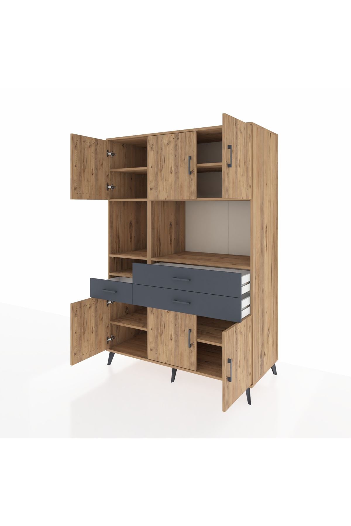 Kronos Dolap 9 Raflı 3 Çekmeceli 6 Kapaklı 132x59x195 Çam-Çam/Antrasit