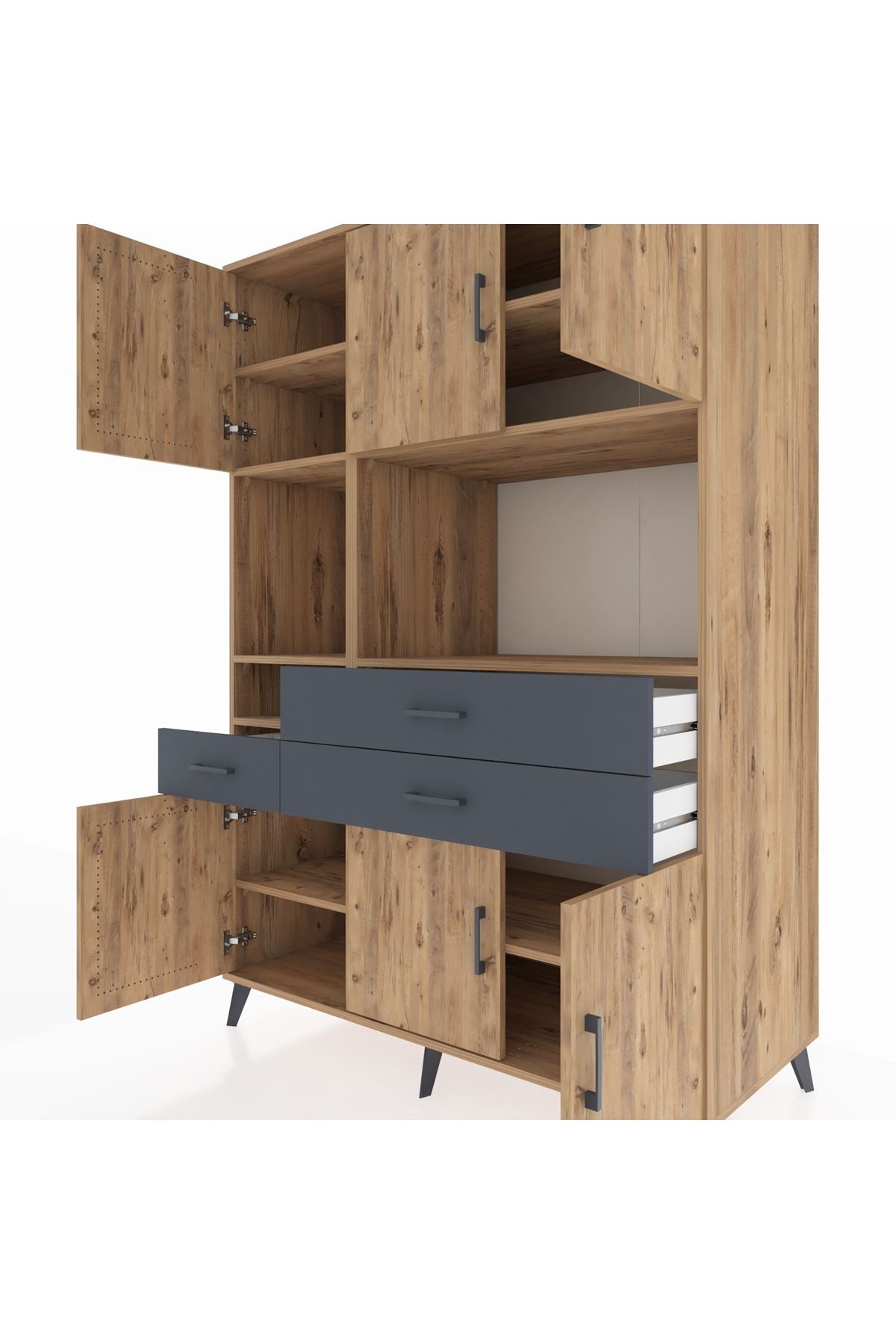 Kronos Dolap 9 Raflı 3 Çekmeceli 6 Kapaklı 132x59x195 Çam-Çam/Antrasit