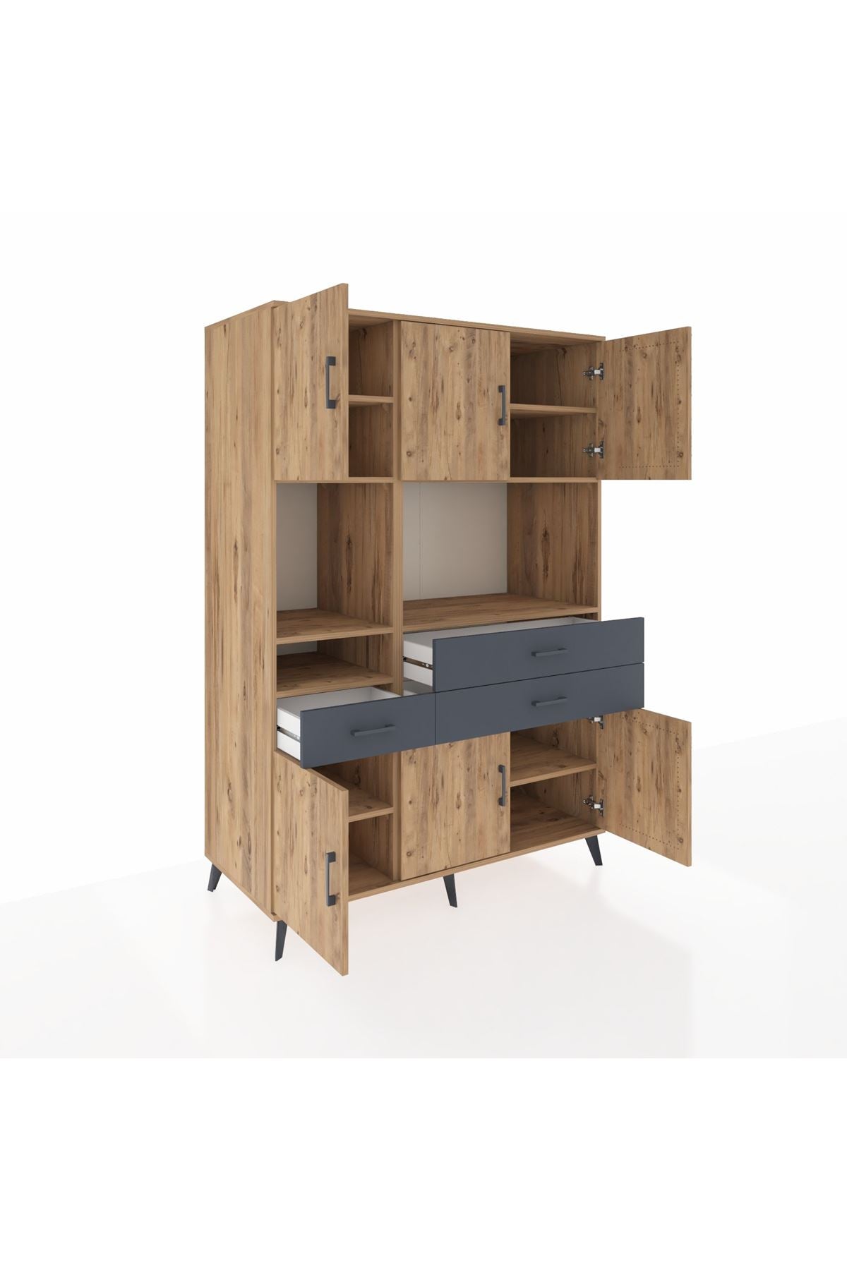 Kronos Dolap 9 Raflı 3 Çekmeceli 6 Kapaklı 132x59x195 Çam-Çam/Antrasit