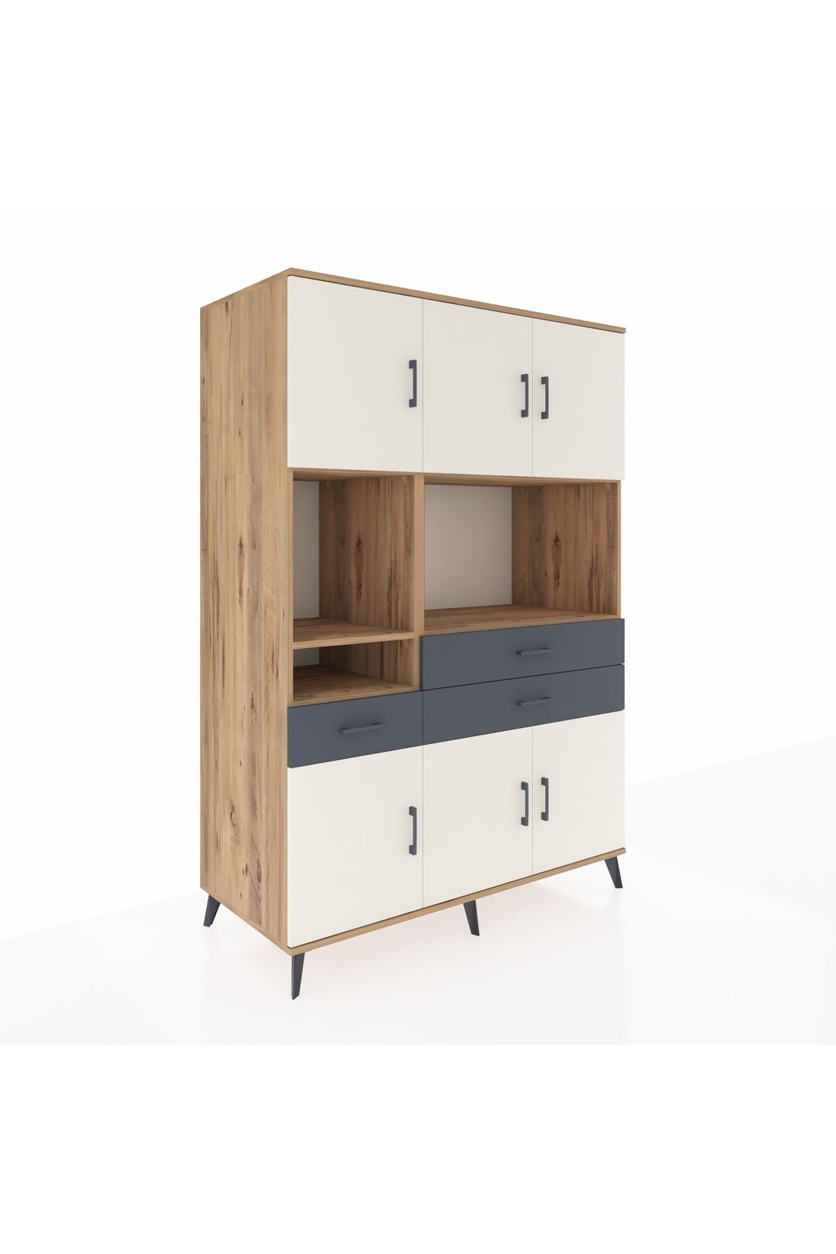 Kronos Dolap 9 Raflı 3 Çekmeceli 6 Kapaklı 132x59x195 Çam-Aytaşı/Antrasit