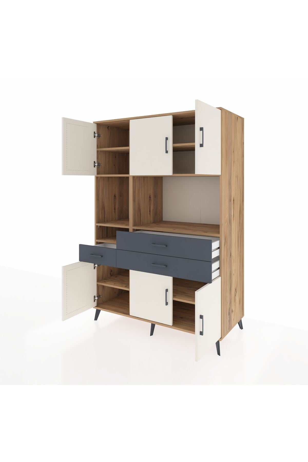 Kronos Dolap 9 Raflı 3 Çekmeceli 6 Kapaklı 132x59x195 Çam-Aytaşı/Antrasit