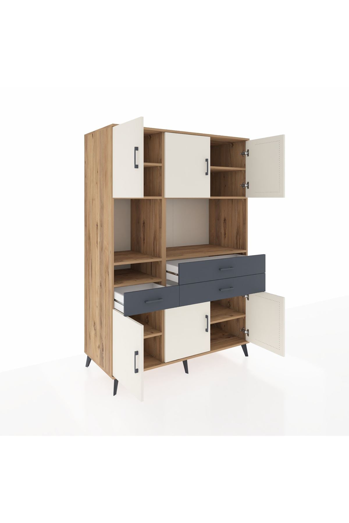 Kronos Dolap 9 Raflı 3 Çekmeceli 6 Kapaklı 132x59x195 Çam-Aytaşı/Antrasit