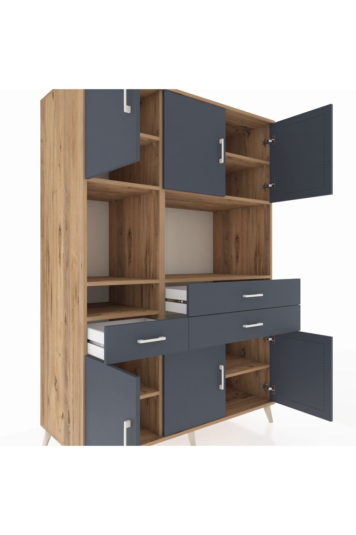 Kronos Dolap 9 Raflı 3 Çekmeceli 6 Kapaklı 132x59x195 Çam-Antrasit/Antrasit