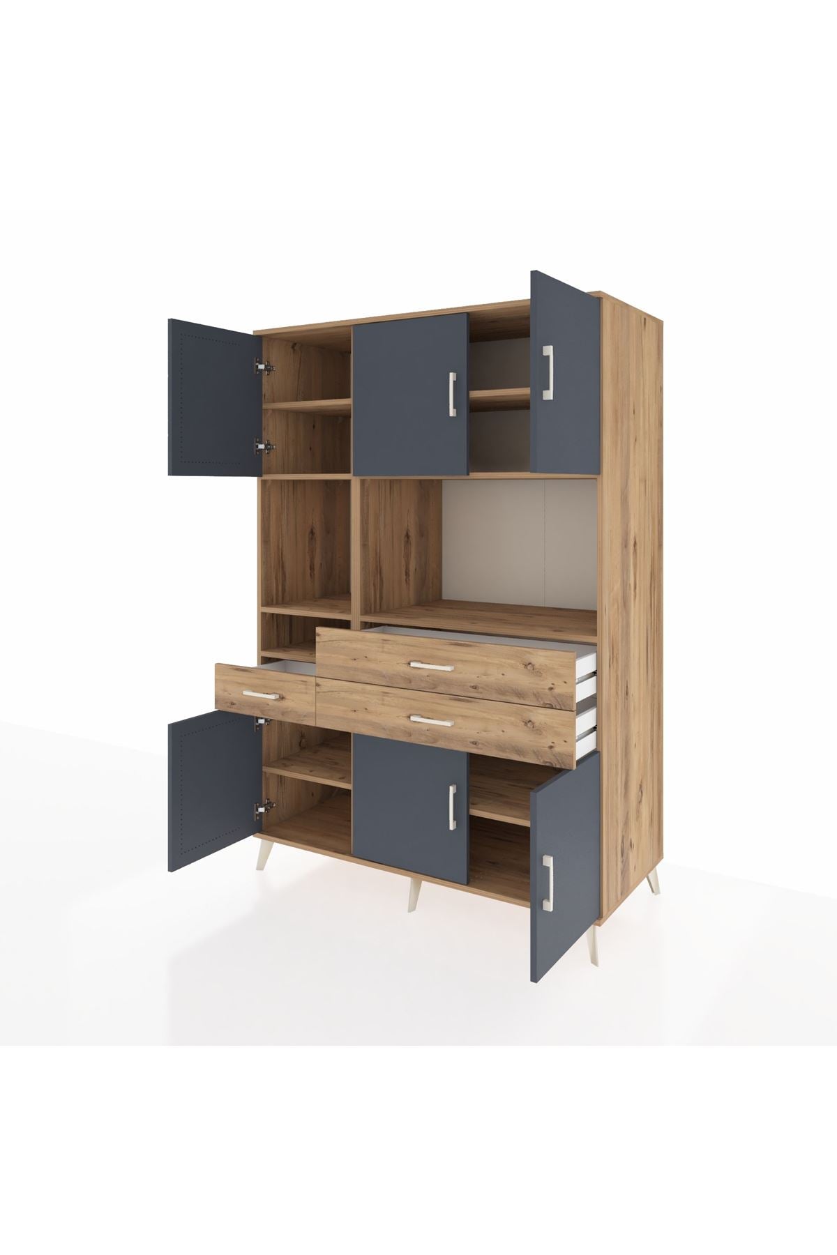 Kronos Dolap 9 Raflı 3 Çekmeceli 6 Kapaklı 132x59x195 Çam-Antrasit/Çam