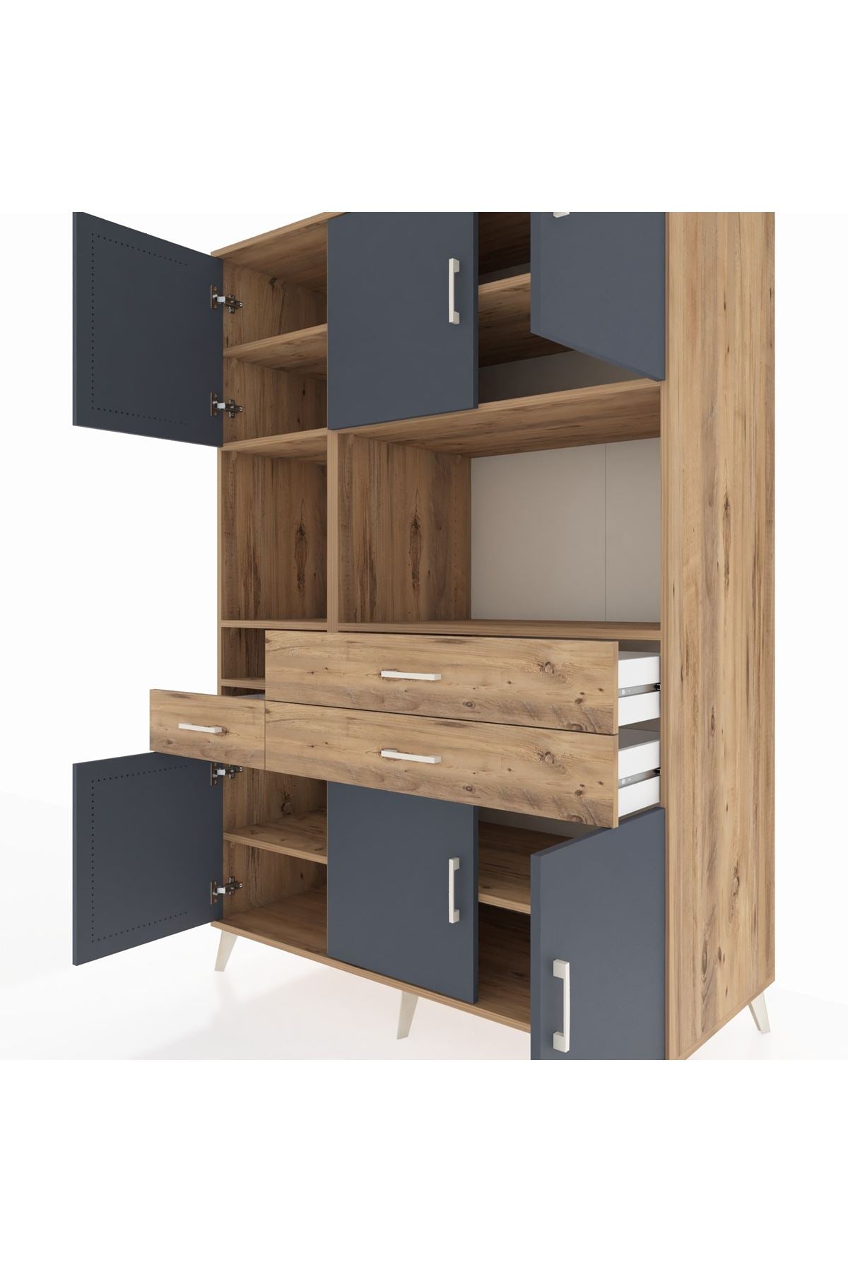 Kronos Dolap 9 Raflı 3 Çekmeceli 6 Kapaklı 132x59x195 Çam-Antrasit/Çam