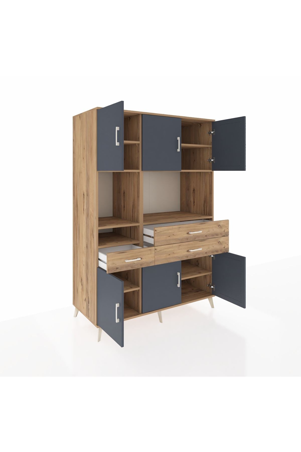 Kronos Dolap 9 Raflı 3 Çekmeceli 6 Kapaklı 132x59x195 Çam-Antrasit/Çam