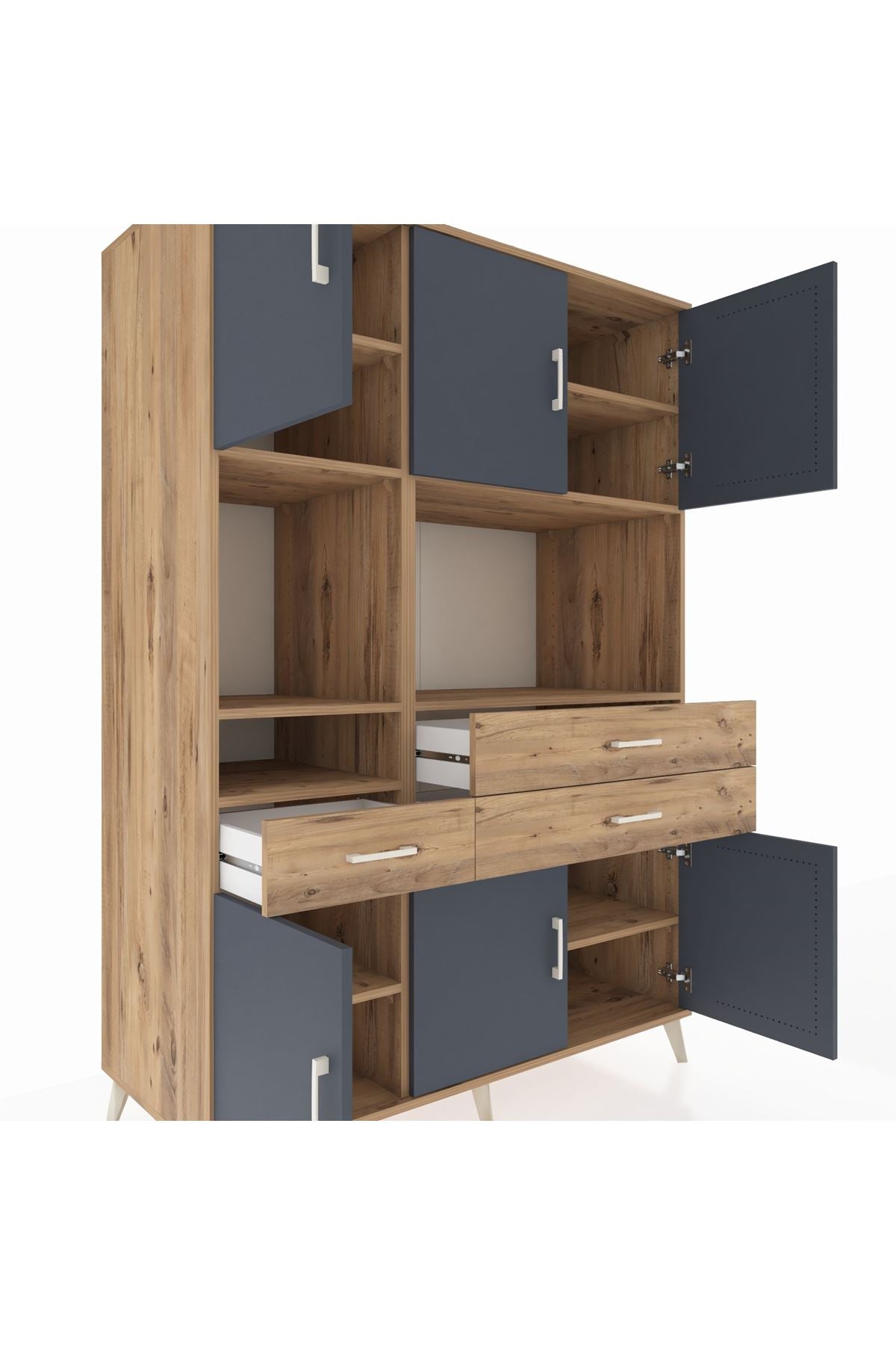 Kronos Dolap 9 Raflı 3 Çekmeceli 6 Kapaklı 132x59x195 Çam-Antrasit/Çam