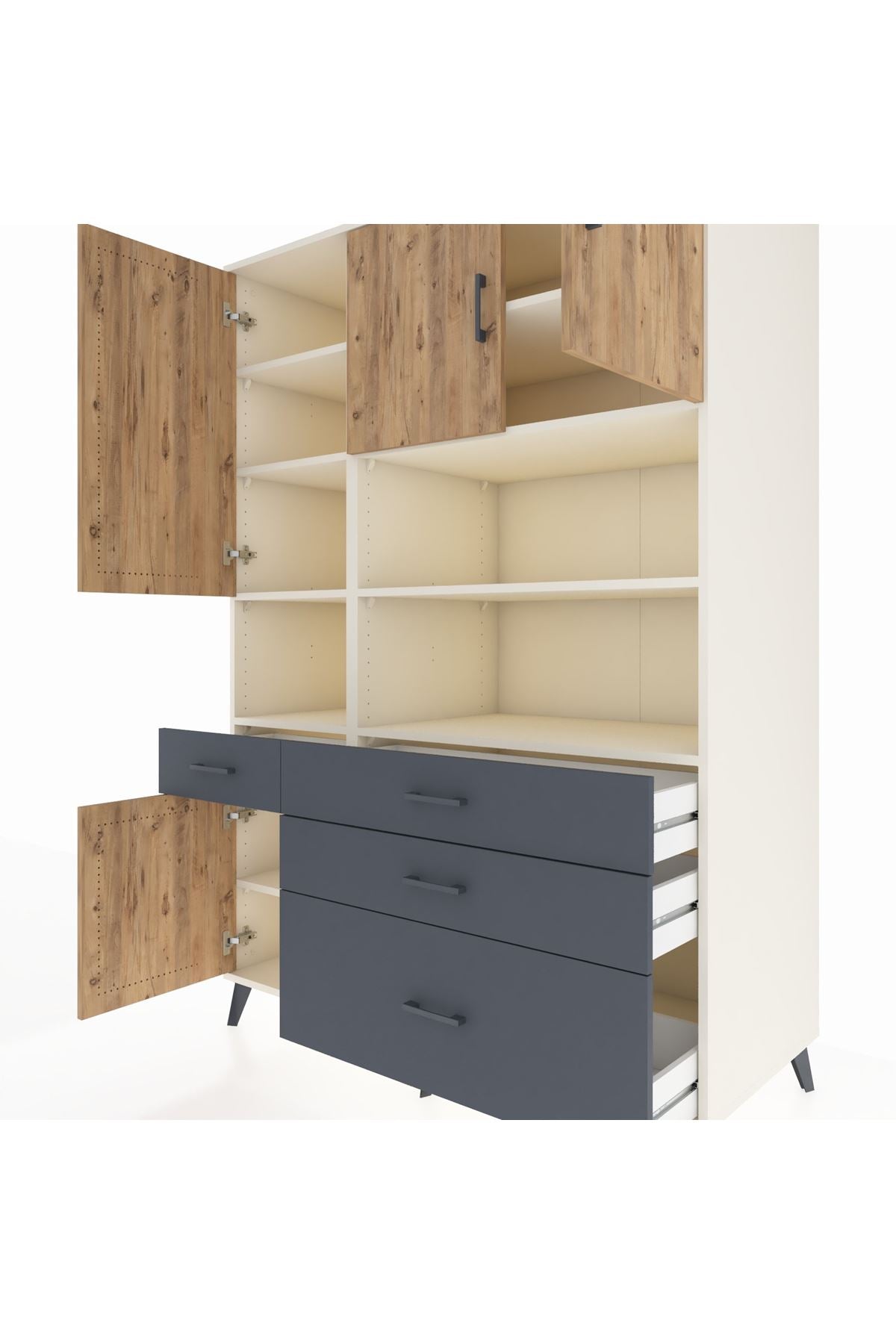 Kronos Dolap 9 Raflı 4 Çekmeceli 4 Kapaklı 132x59x195 Aytaşı-Çam/Antrasit