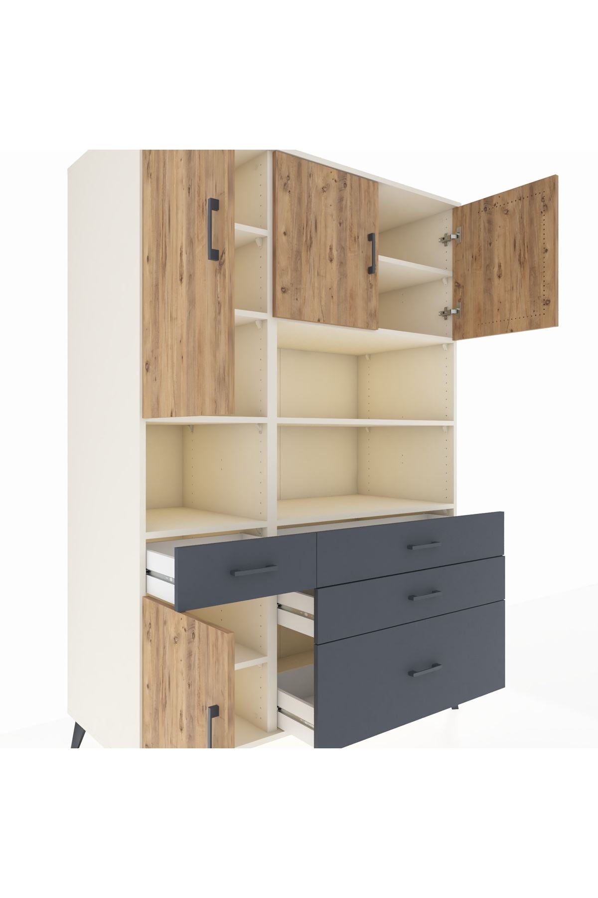 Kronos Dolap 9 Raflı 4 Çekmeceli 4 Kapaklı 132x59x195 Aytaşı-Çam/Antrasit