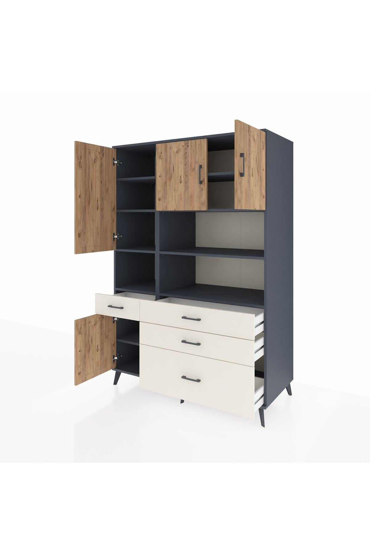 Kronos Dolap 9 Raflı 4 Çekmeceli 4 Kapaklı 132x59x195 Antrasit-Çam/Aytaşı