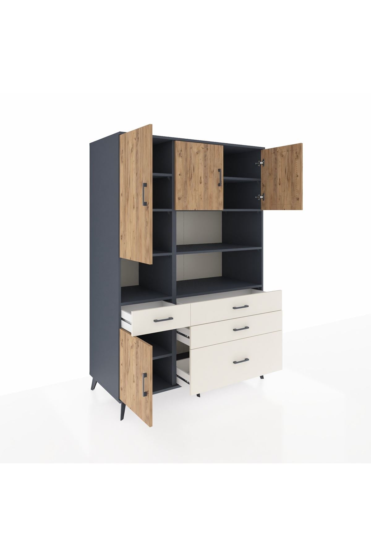 Kronos Dolap 9 Raflı 4 Çekmeceli 4 Kapaklı 132x59x195 Antrasit-Çam/Aytaşı