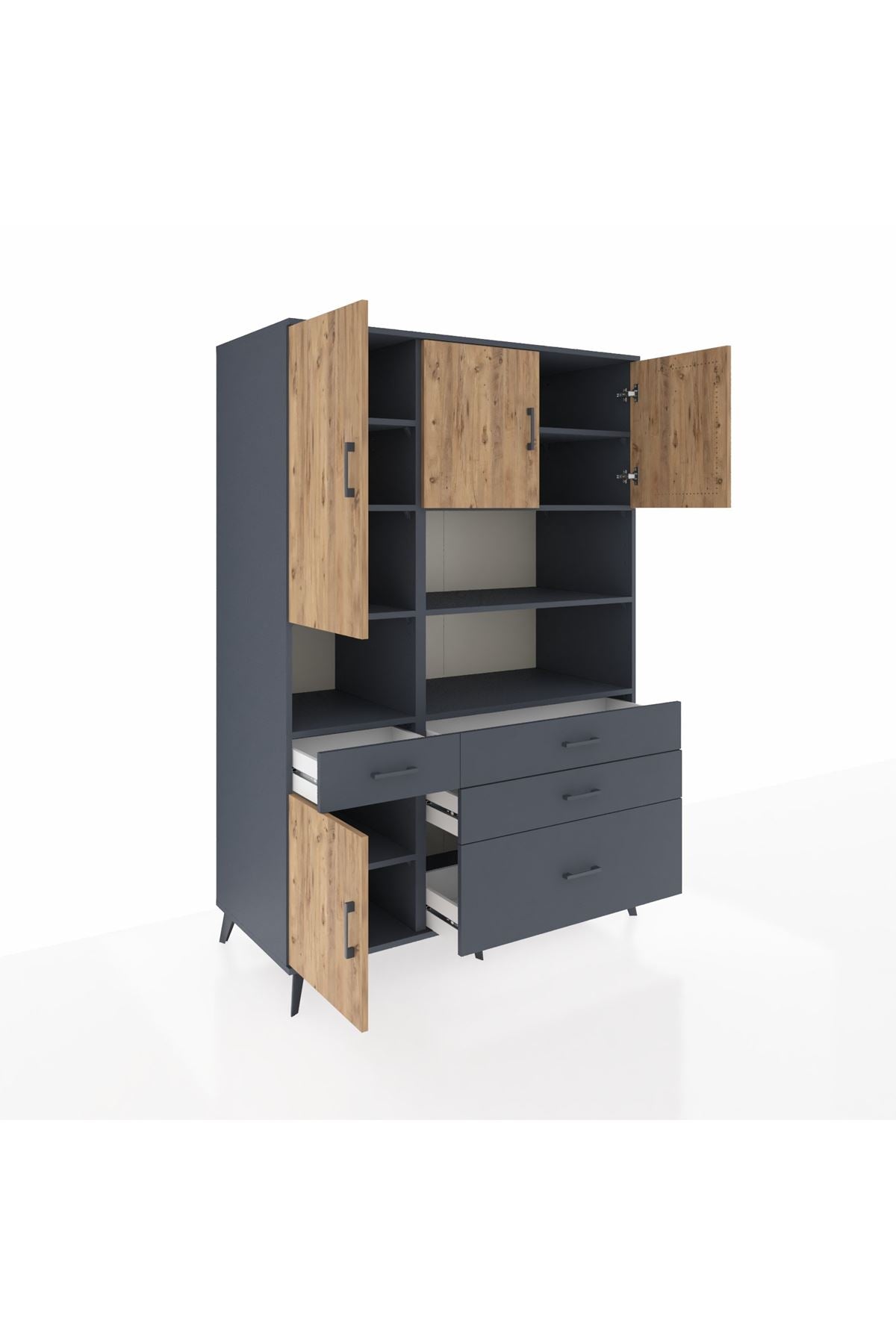 Kronos Dolap 9 Raflı 4 Çekmeceli 4 Kapaklı 132x59x195 Antrasit-Çam/Antrasit