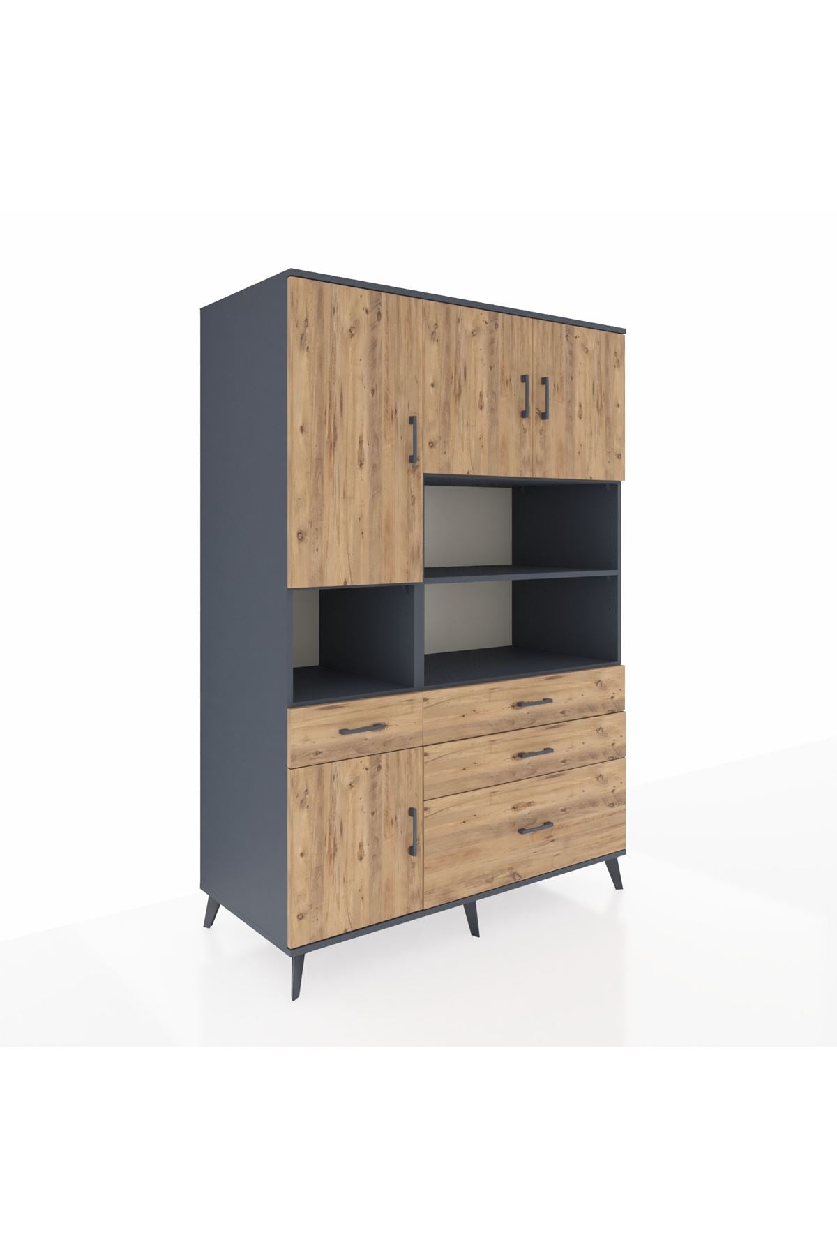 Kronos Dolap 9 Raflı 4 Çekmeceli 4 Kapaklı 132x59x195 Antrasit-Çam/Çam
