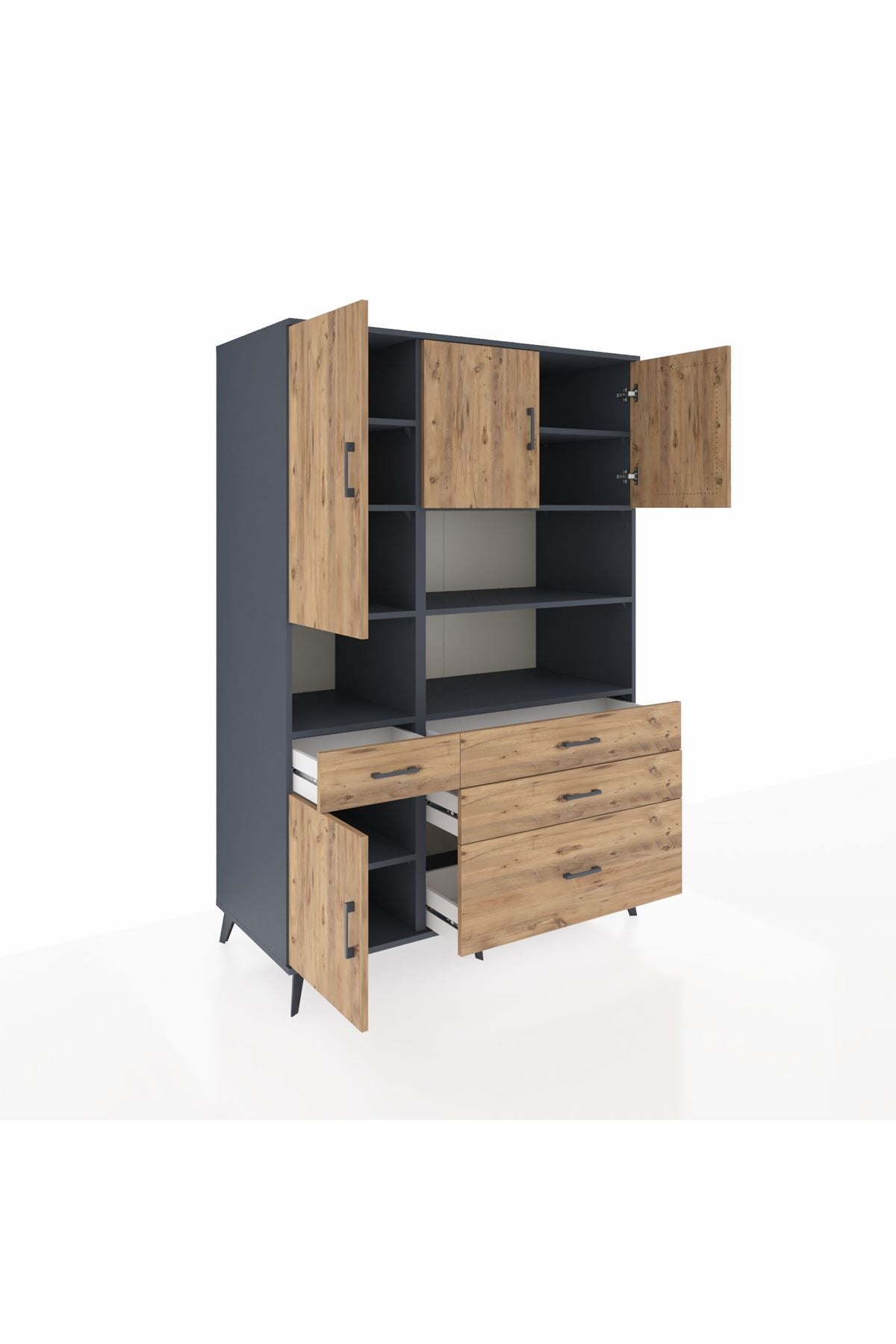 Kronos Dolap 9 Raflı 4 Çekmeceli 4 Kapaklı 132x59x195 Antrasit-Çam/Çam