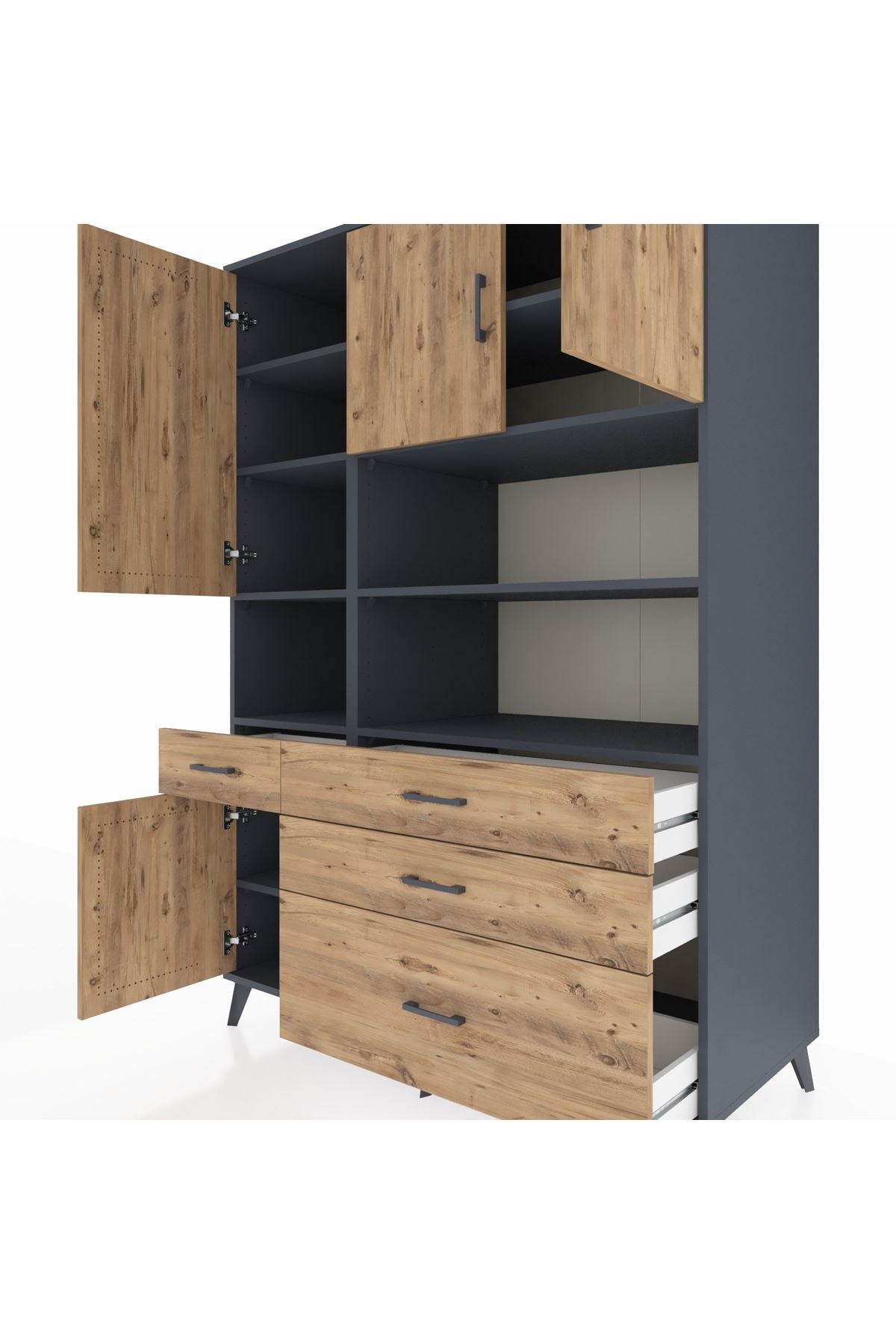 Kronos Dolap 9 Raflı 4 Çekmeceli 4 Kapaklı 132x59x195 Antrasit-Çam/Çam