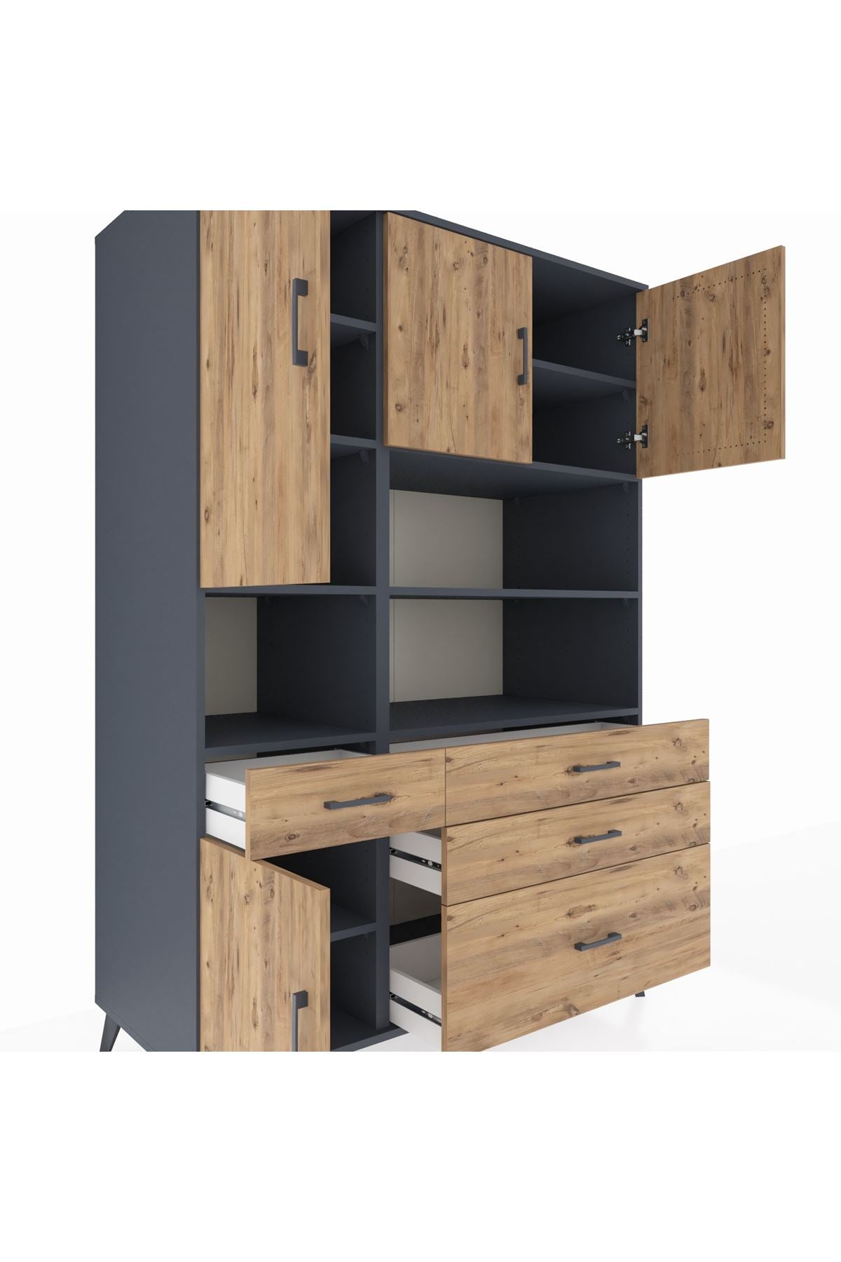 Kronos Dolap 9 Raflı 4 Çekmeceli 4 Kapaklı 132x59x195 Antrasit-Çam/Çam