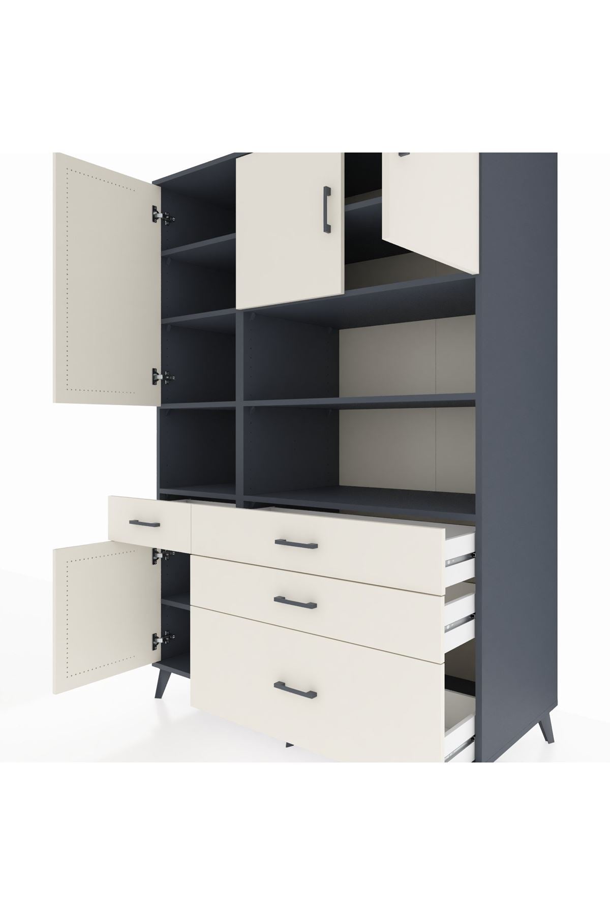 Kronos Dolap 9 Raflı 4 Çekmeceli 4 Kapaklı 132x59x195 Antrasit-Aytaşı/Aytaşı