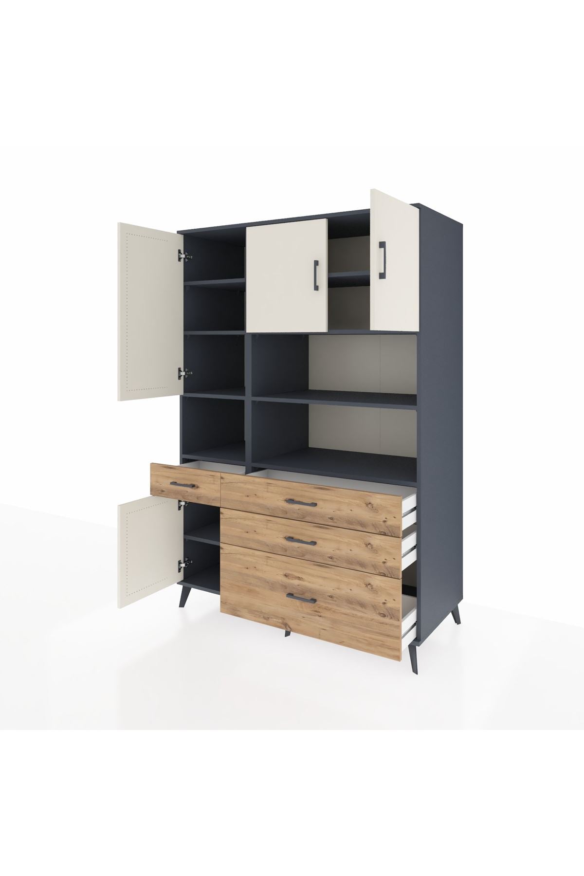 Kronos Dolap 9 Raflı 4 Çekmeceli 4 Kapaklı 132x59x195 Antrasit-Aytaşı/Çam