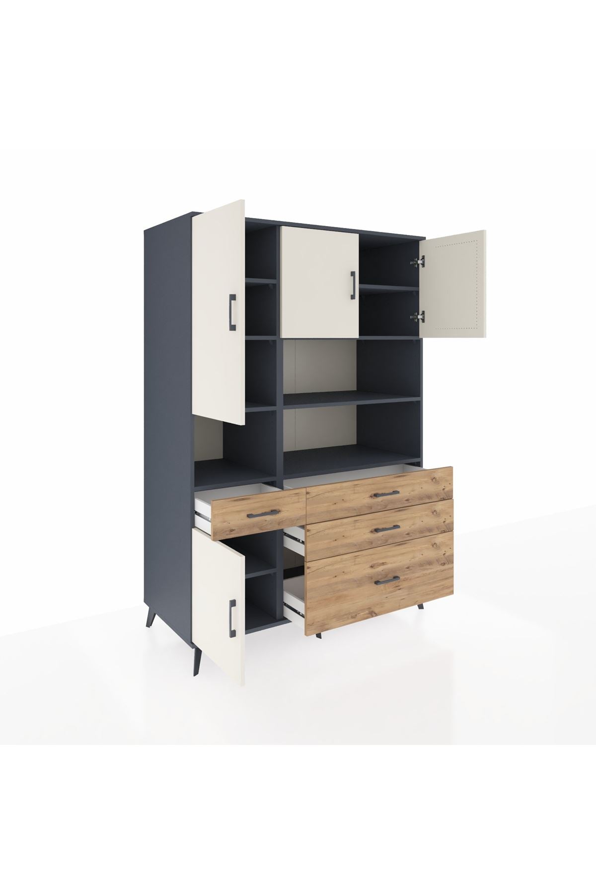 Kronos Dolap 9 Raflı 4 Çekmeceli 4 Kapaklı 132x59x195 Antrasit-Aytaşı/Çam