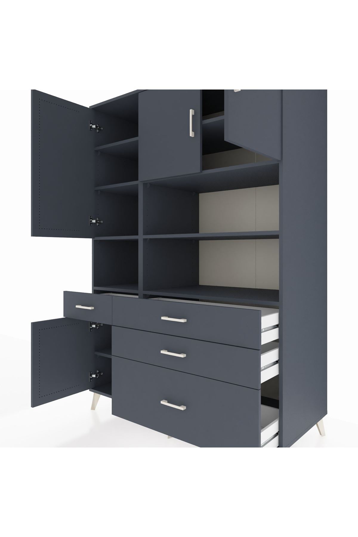 Kronos Dolap 9 Raflı 4 Çekmeceli 4 Kapaklı 132x59x195 Antrasit-Antrasit/Antrasit