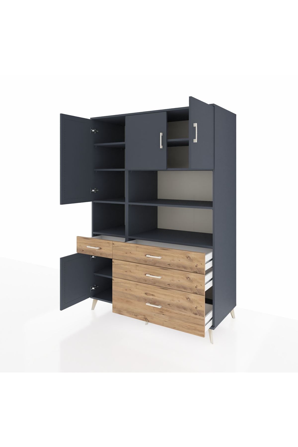 Kronos Dolap 9 Raflı 4 Çekmeceli 4 Kapaklı 132x59x195 Antrasit-Antrasit/Çam