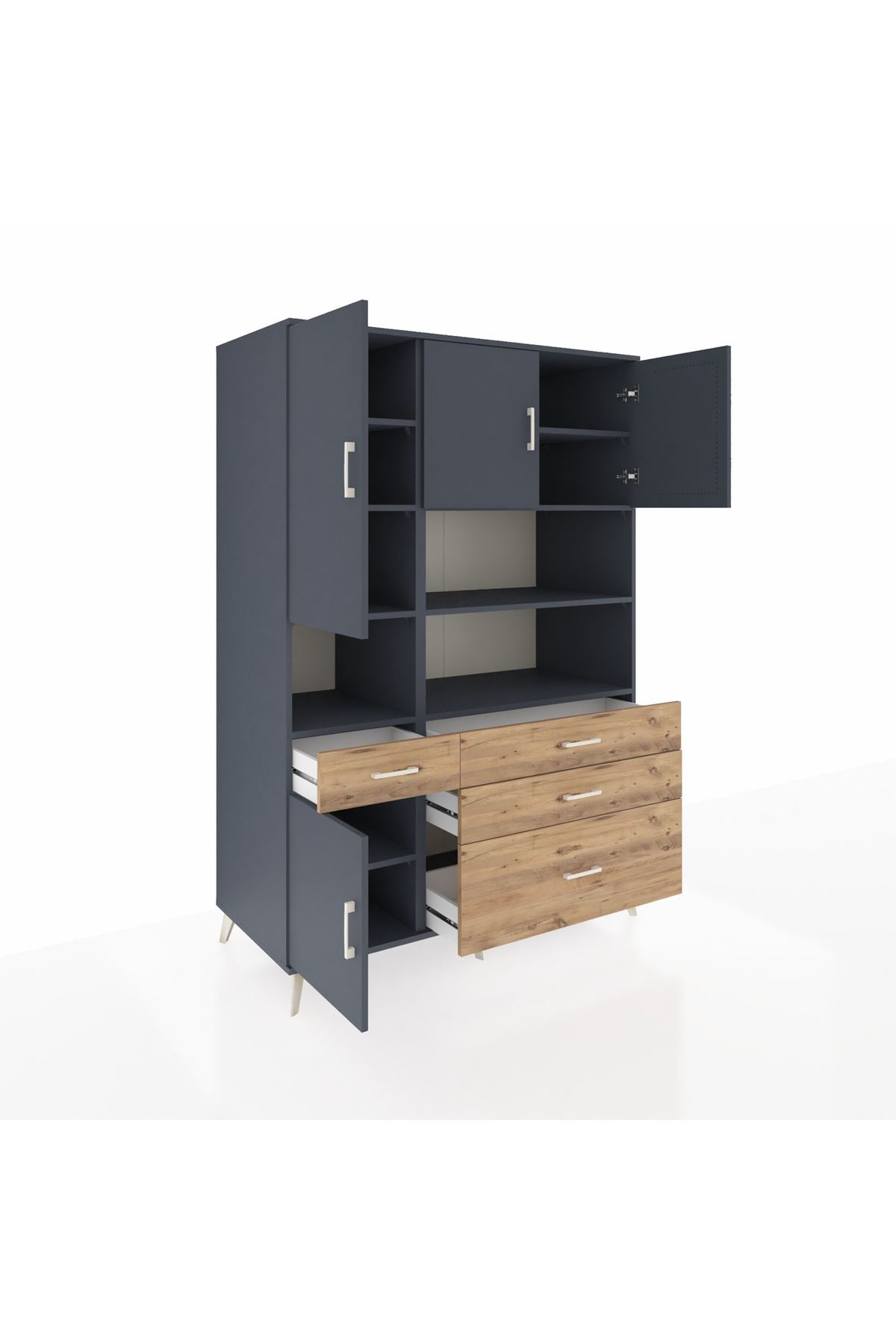 Kronos Dolap 9 Raflı 4 Çekmeceli 4 Kapaklı 132x59x195 Antrasit-Antrasit/Çam