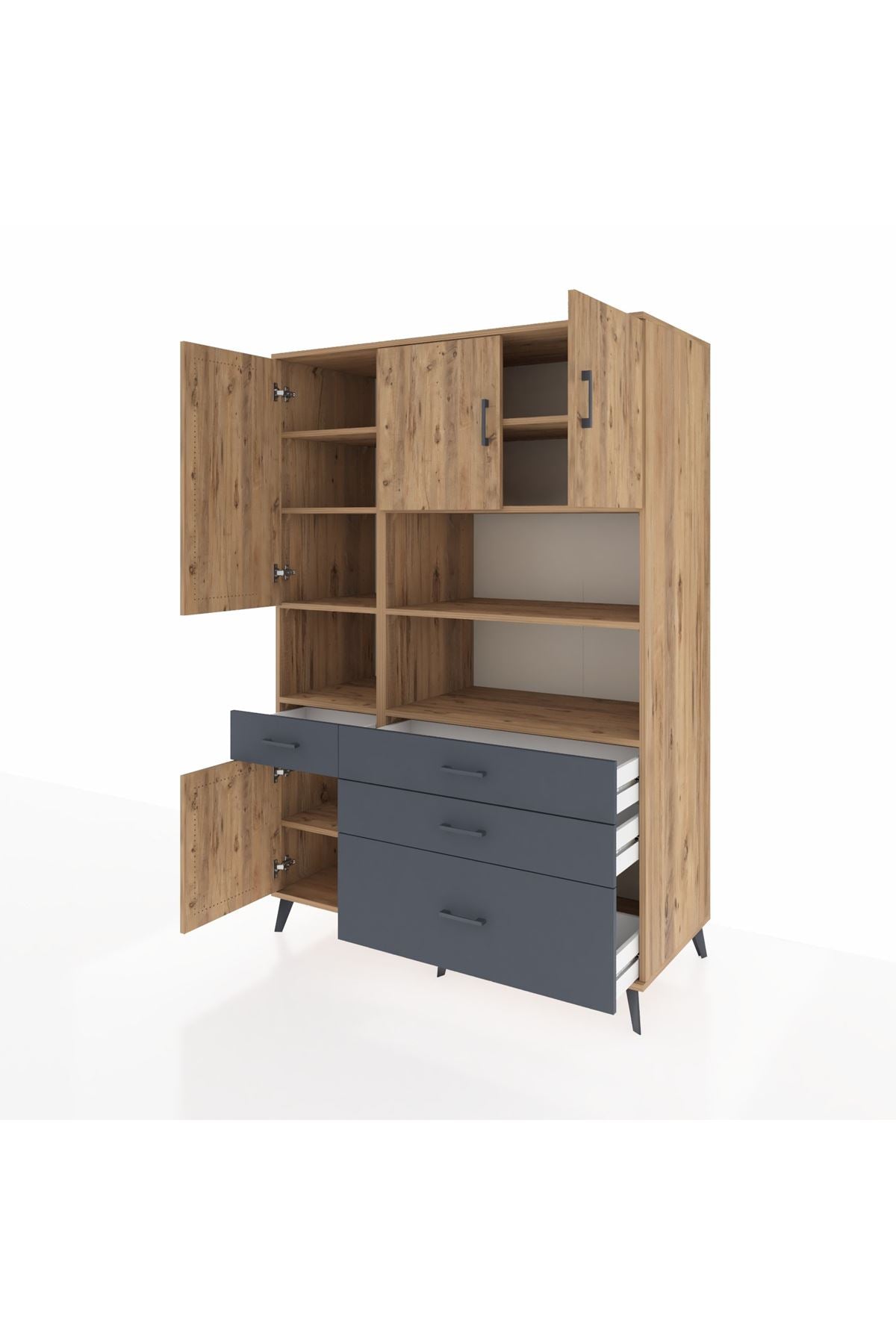 Kronos Dolap 9 Raflı 4 Çekmeceli 4 Kapaklı 132x59x195 Çam-Çam/Antrasit