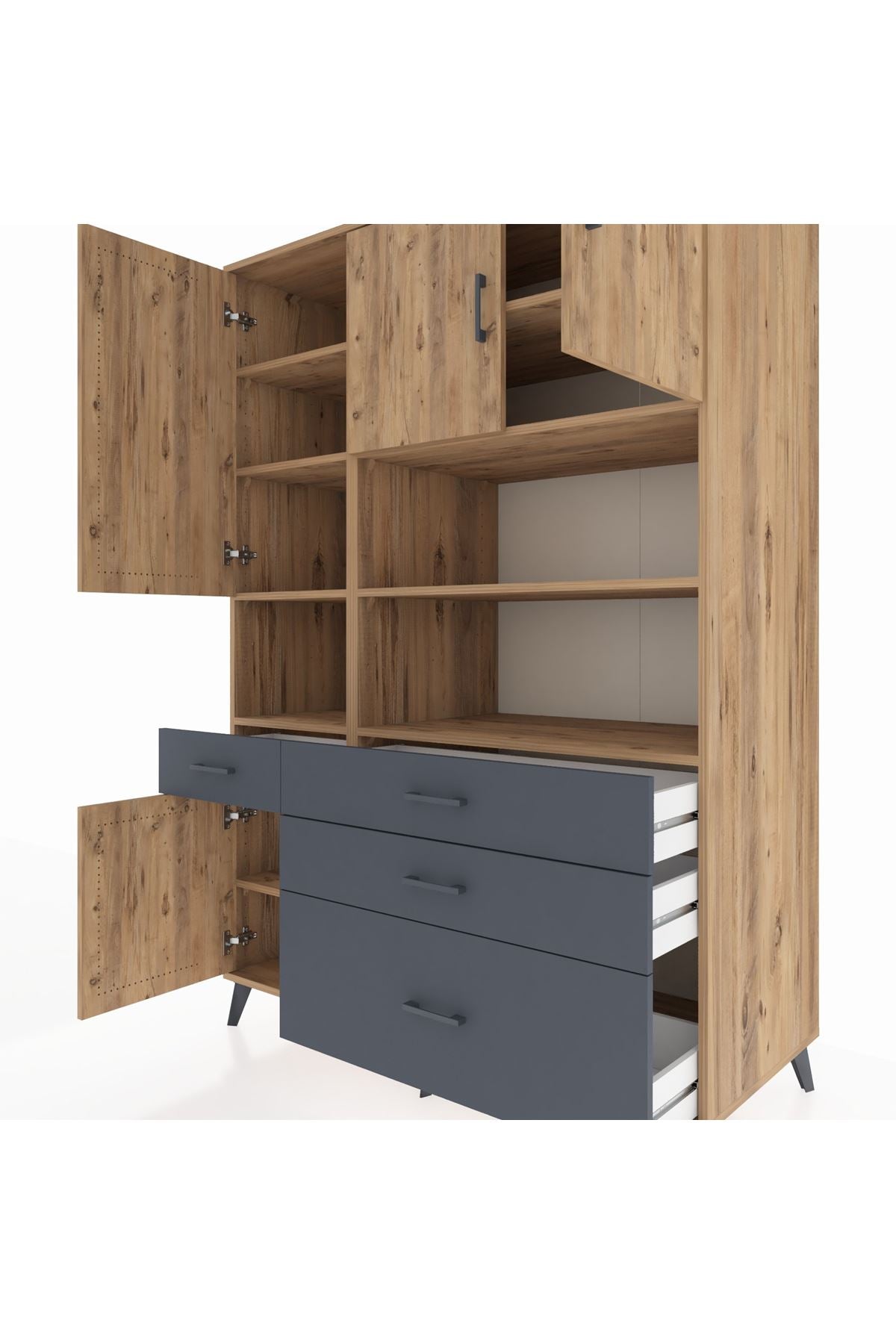 Kronos Dolap 9 Raflı 4 Çekmeceli 4 Kapaklı 132x59x195 Çam-Çam/Antrasit