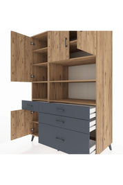 Kronos Dolap 9 Raflı 4 Çekmeceli 4 Kapaklı 132x59x195 Çam-Çam/Antrasit