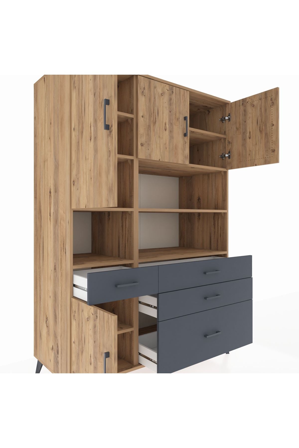 Kronos Dolap 9 Raflı 4 Çekmeceli 4 Kapaklı 132x59x195 Çam-Çam/Antrasit