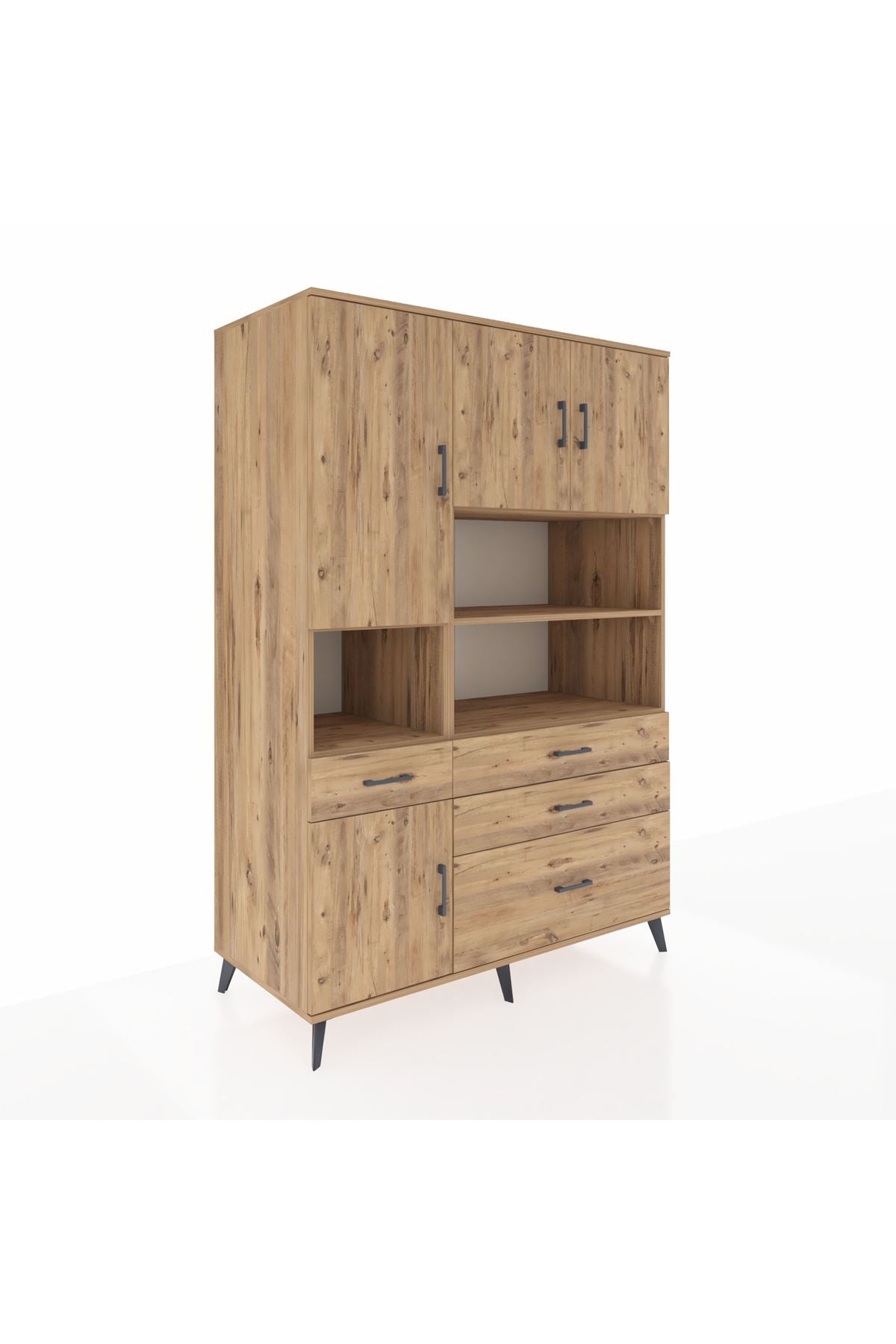 Kronos Dolap 9 Raflı 4 Çekmeceli 4 Kapaklı 132x59x195 Çam-Çam/Çam