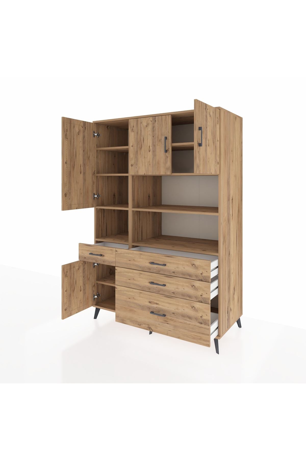 Kronos Dolap 9 Raflı 4 Çekmeceli 4 Kapaklı 132x59x195 Çam-Çam/Çam