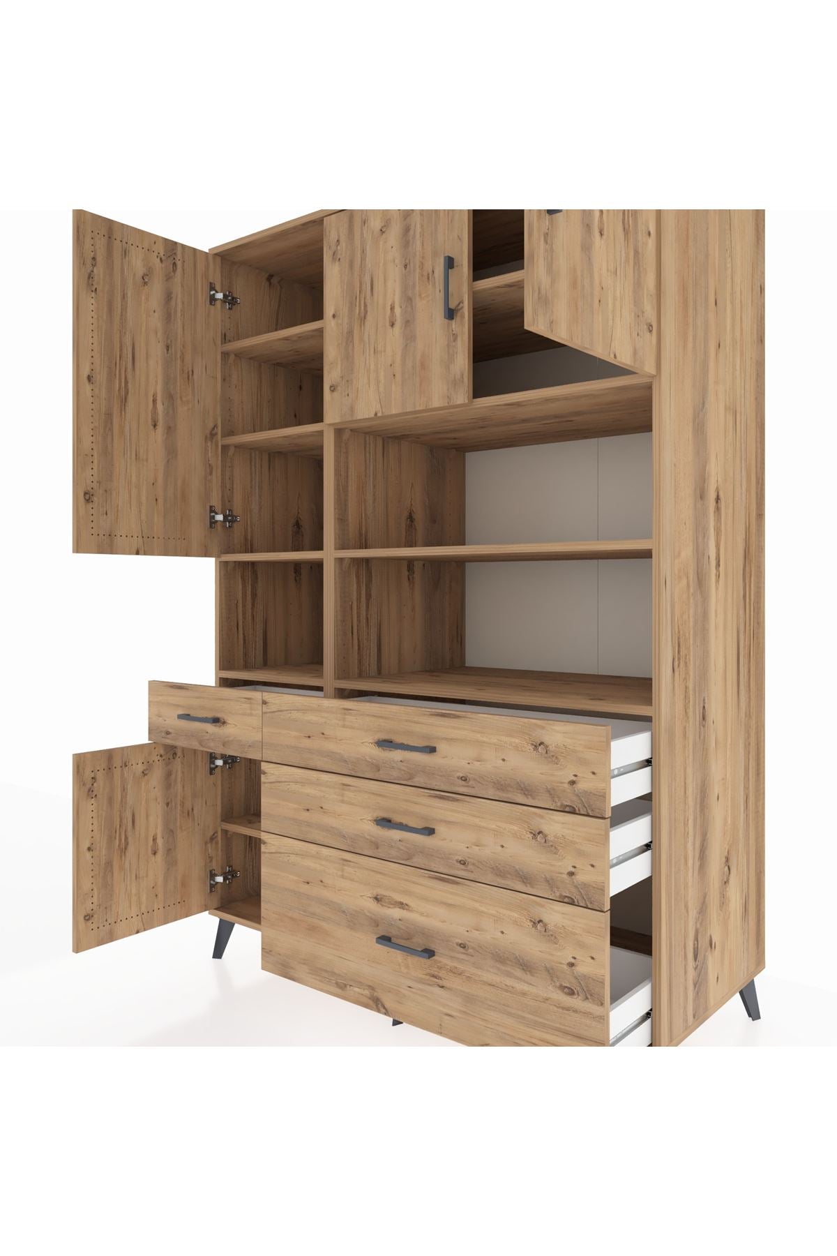 Kronos Dolap 9 Raflı 4 Çekmeceli 4 Kapaklı 132x59x195 Çam-Çam/Çam