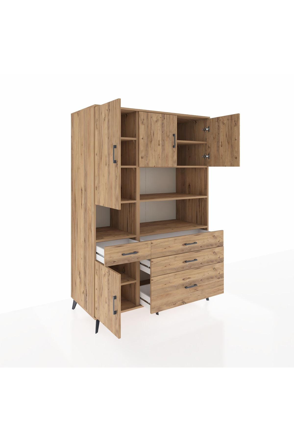 Kronos Dolap 9 Raflı 4 Çekmeceli 4 Kapaklı 132x59x195 Çam-Çam/Çam