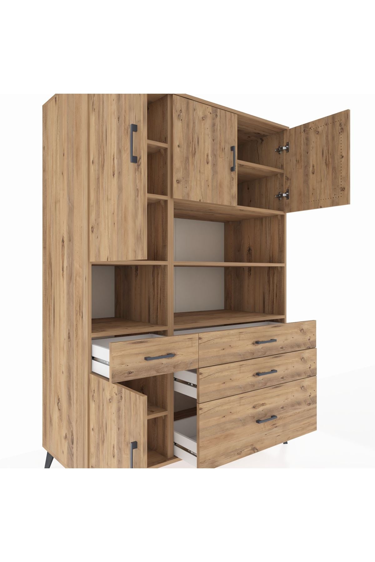 Kronos Dolap 9 Raflı 4 Çekmeceli 4 Kapaklı 132x59x195 Çam-Çam/Çam