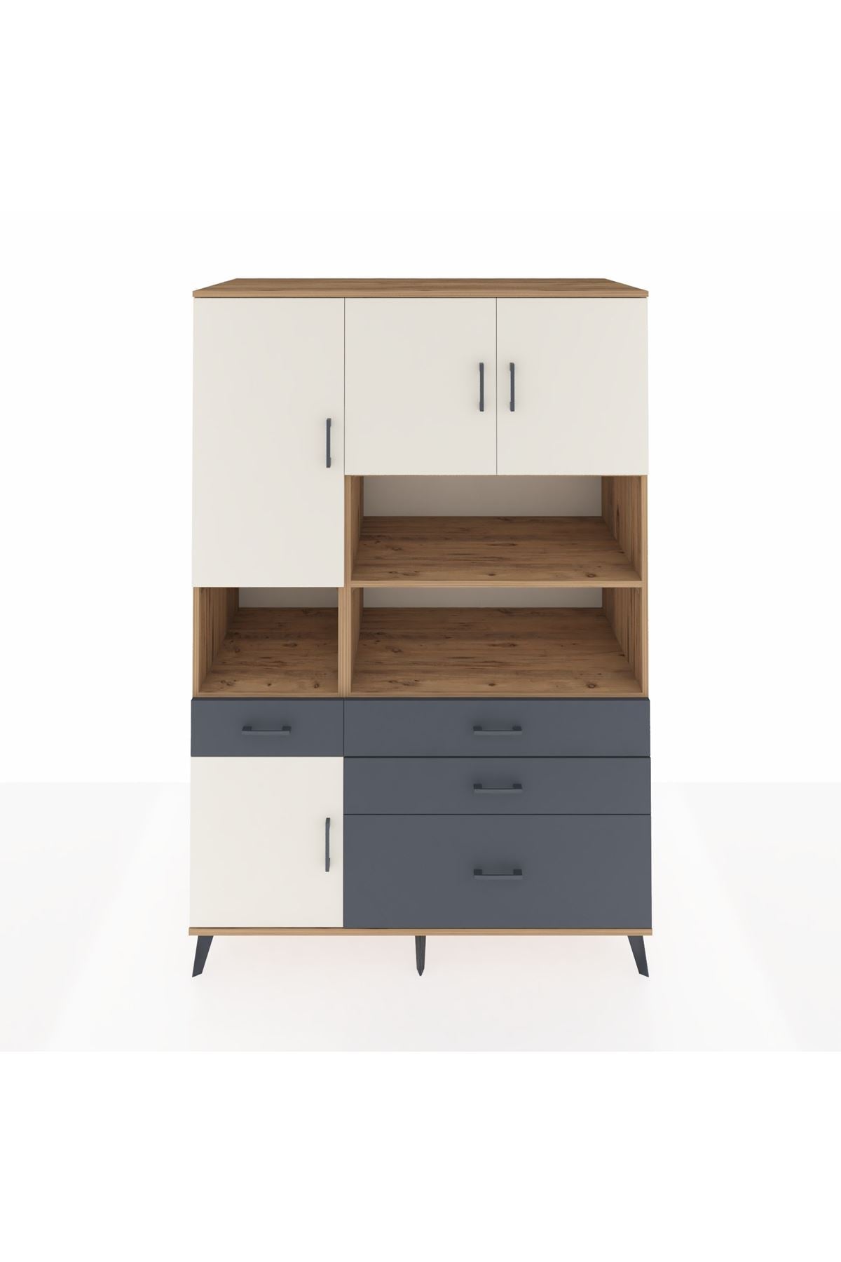 Kronos Dolap 9 Raflı 4 Çekmeceli 4 Kapaklı 132x59x195 Çam-Aytaşı/Antrasit