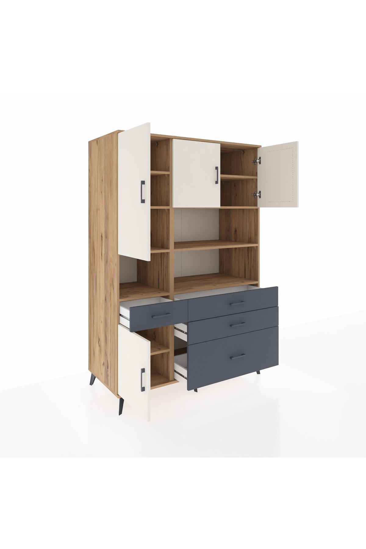 Kronos Dolap 9 Raflı 4 Çekmeceli 4 Kapaklı 132x59x195 Çam-Aytaşı/Antrasit