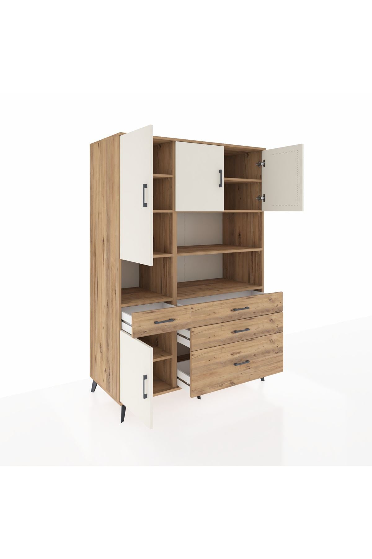 Kronos Dolap 9 Raflı 4 Çekmeceli 4 Kapaklı 132x59x195 Çam-Aytaşı/Çam