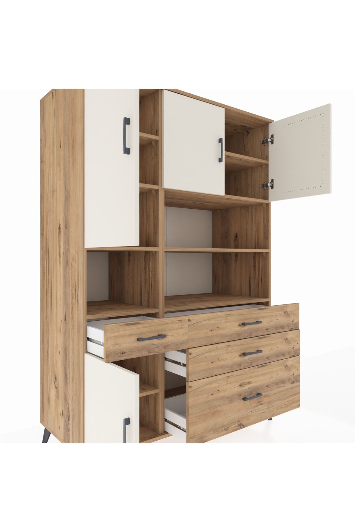 Kronos Dolap 9 Raflı 4 Çekmeceli 4 Kapaklı 132x59x195 Çam-Aytaşı/Çam