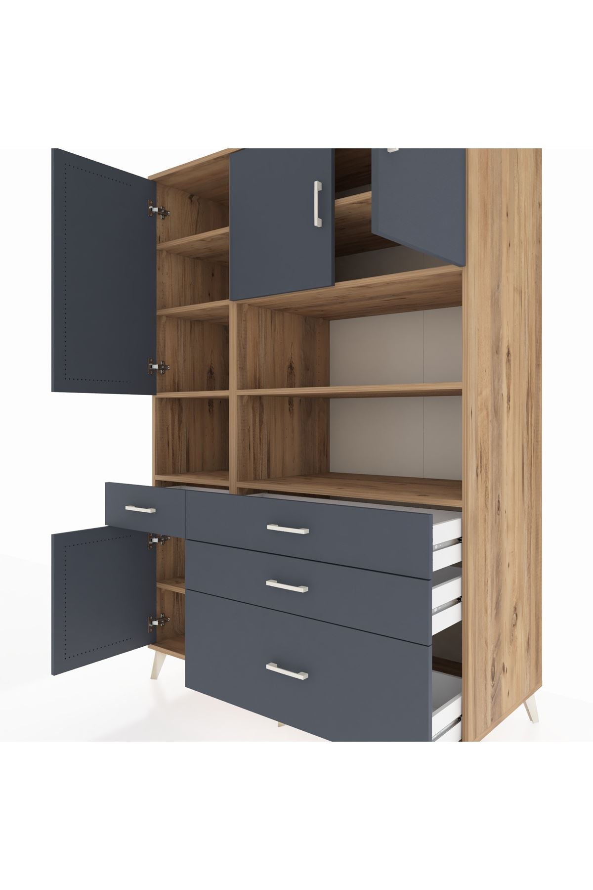 Kronos Dolap 9 Raflı 4 Çekmeceli 4 Kapaklı 132x59x195 Çam-Antrasit/Antrasit