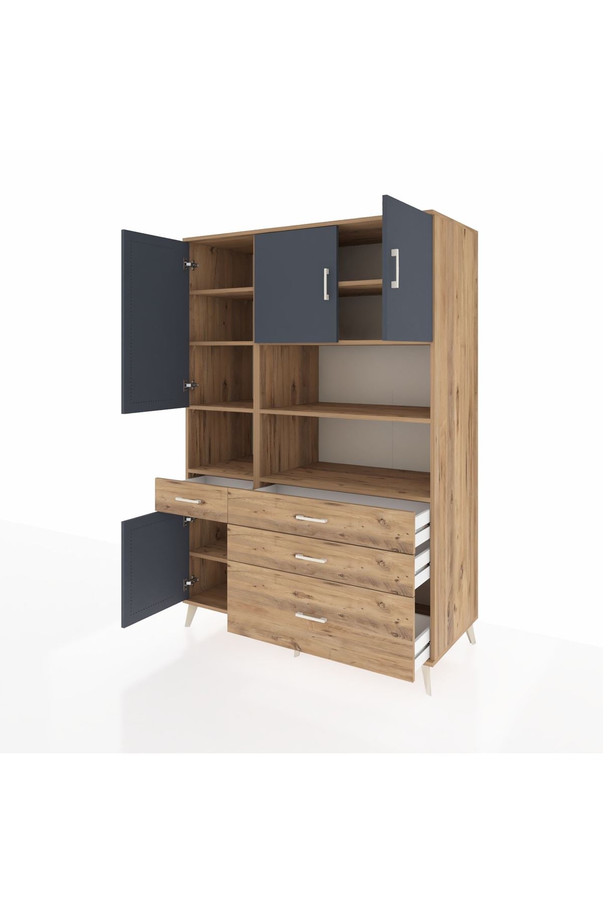 Kronos Dolap 9 Raflı 4 Çekmeceli 4 Kapaklı 132x59x195 Çam-Antrasit/Çam