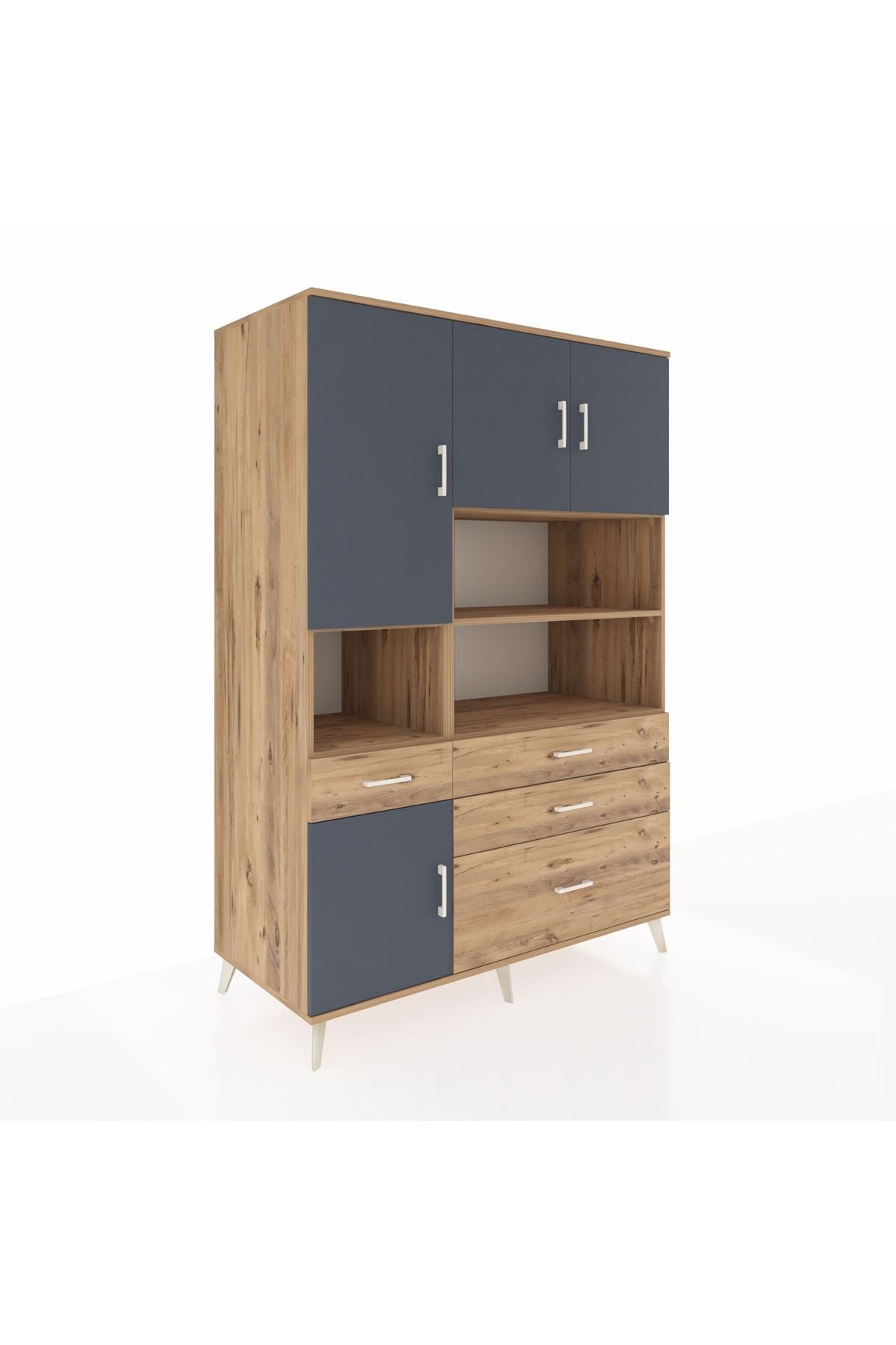 Kronos Dolap 9 Raflı 4 Çekmeceli 4 Kapaklı 132x59x195 Çam-Antrasit/Çam