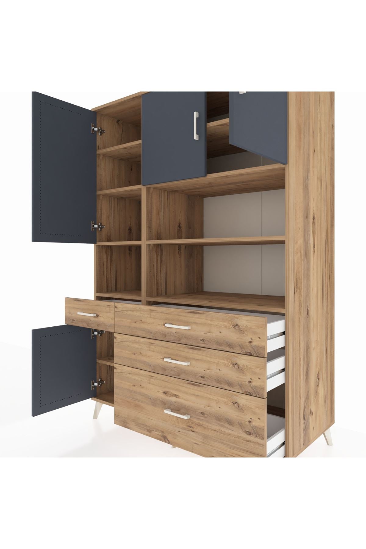 Kronos Dolap 9 Raflı 4 Çekmeceli 4 Kapaklı 132x59x195 Çam-Antrasit/Çam