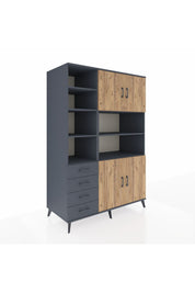 Kronos Dolap 9 Raflı 4 Çekmeceli 4 Kapaklı 132x59x195 Antrasit-Çam/Antrasit
