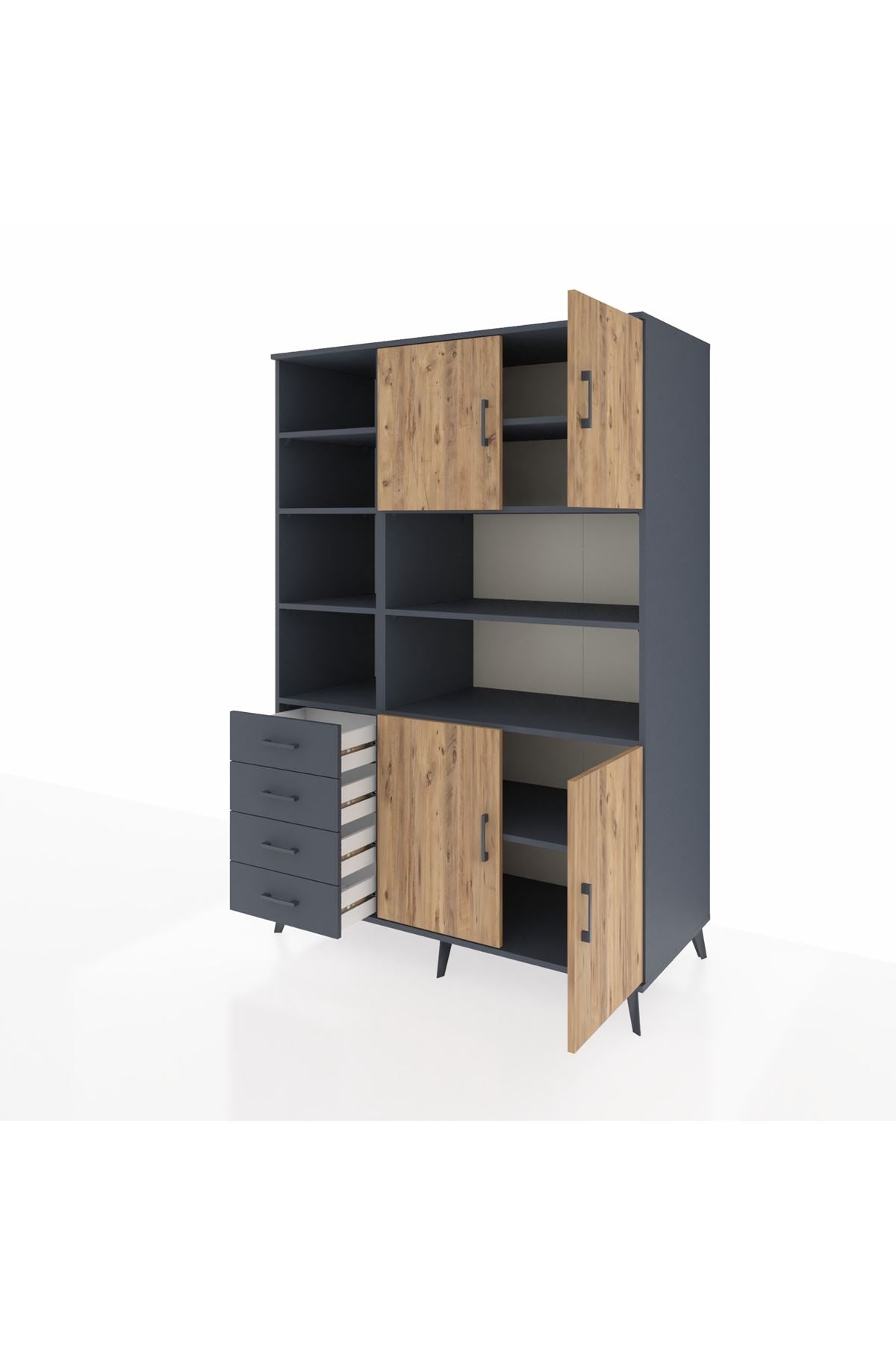Kronos Dolap 9 Raflı 4 Çekmeceli 4 Kapaklı 132x59x195 Antrasit-Çam/Antrasit