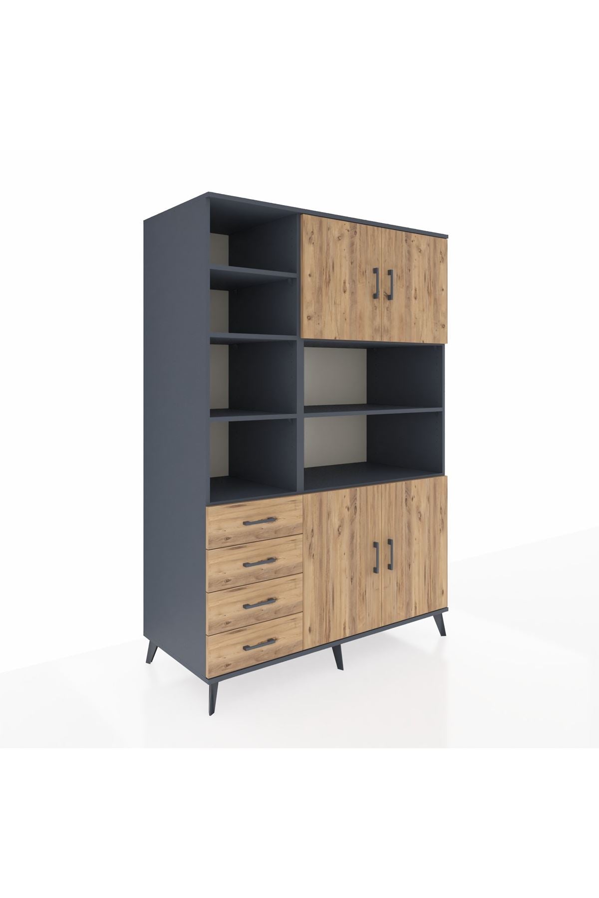 Kronos Dolap 9 Raflı 4 Çekmeceli 4 Kapaklı 132x59x195 Antrasit-Çam/Çam