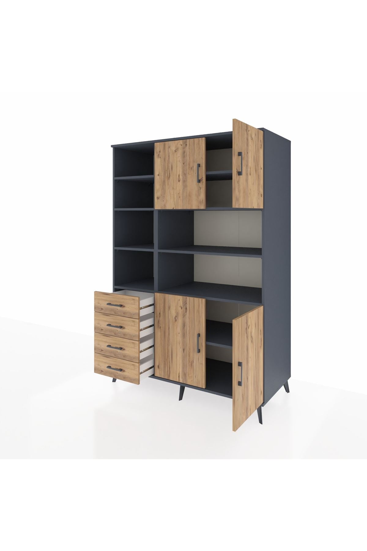 Kronos Dolap 9 Raflı 4 Çekmeceli 4 Kapaklı 132x59x195 Antrasit-Çam/Çam